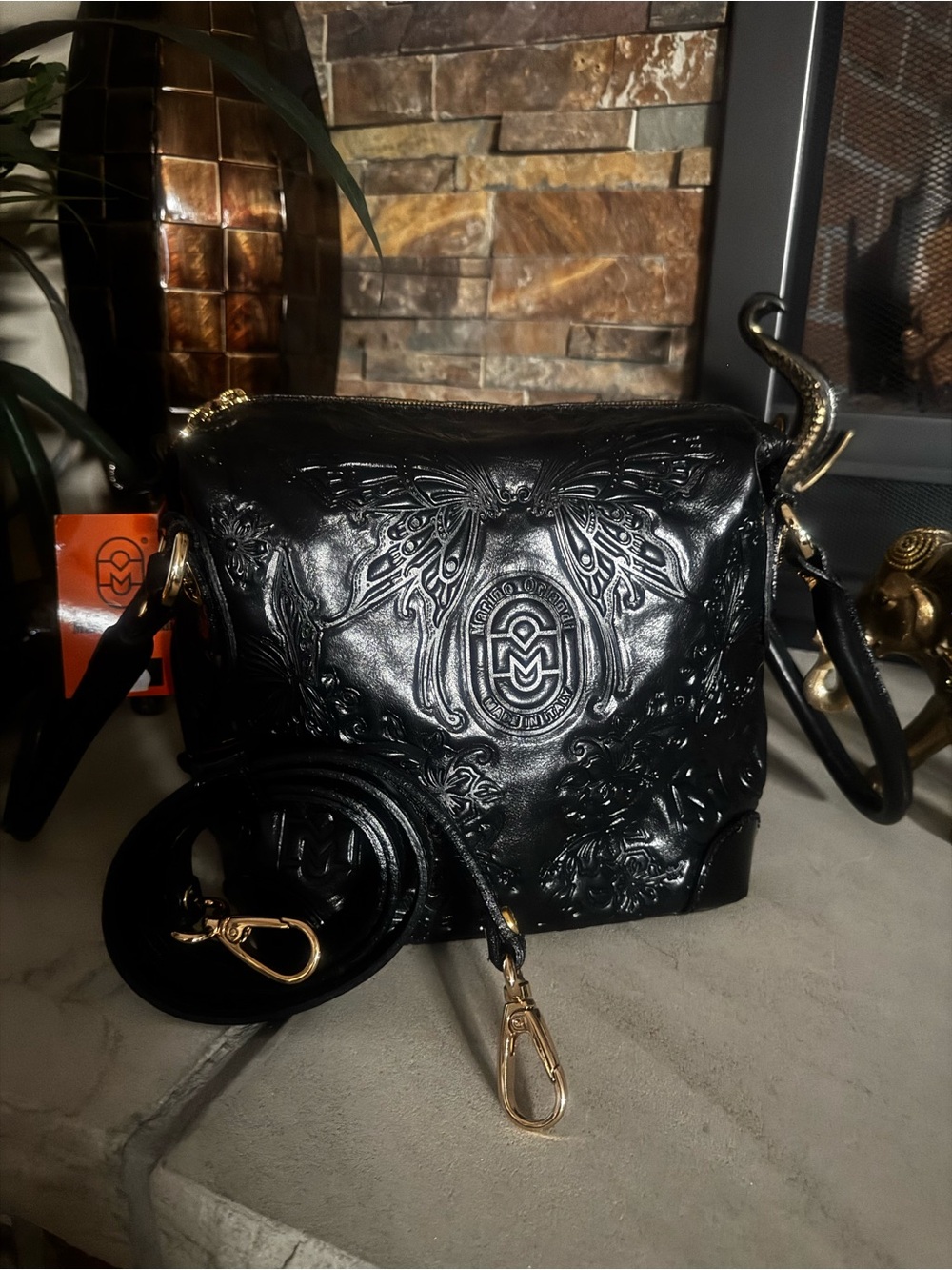 Embossed Marino Orlandi Italian Leather Crossbody Bag - Black